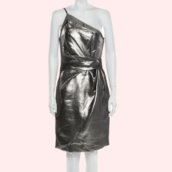 HALSTON HERITAGE Silver One-Shoulder Knee-Length Sheath Dress - Picture 1 of 10